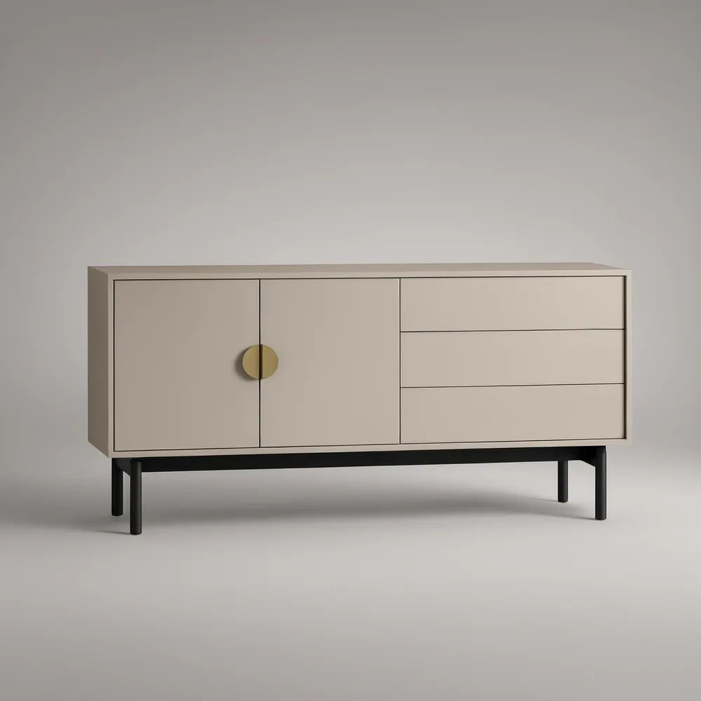 Beżowa szafka RTV z MDF 160 x 40 x 75 cm, 2 drzwi i 3 szuflady