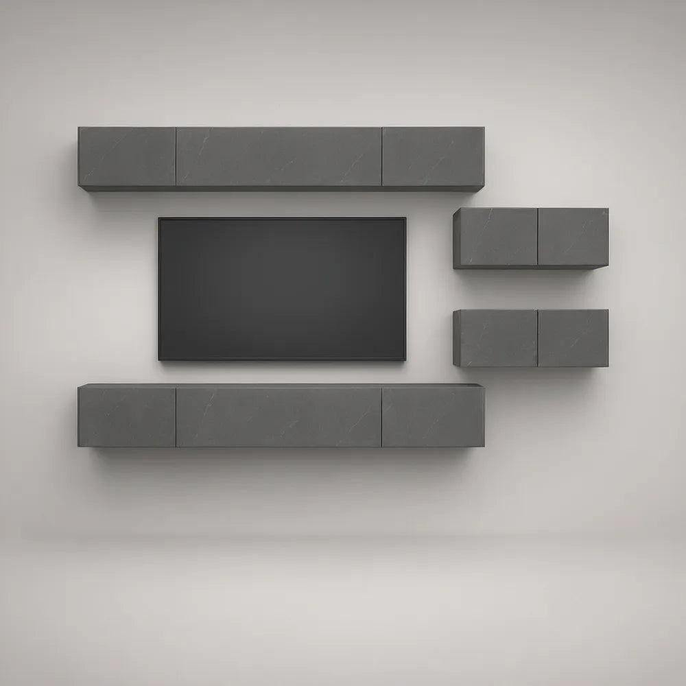 Zestaw 4 wiszących szafek RTV z MDF, grafitowy marmur, 2 × 180 × 30 × 32 cm i 2 × 70 × 30 × 32 cm