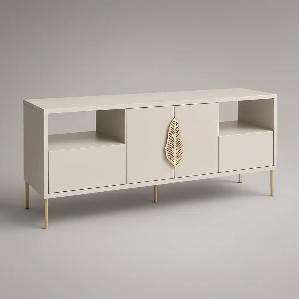 Szafka RTV z płyty MDF 140 x 40 x 70 cm biała ze złotymi nogami