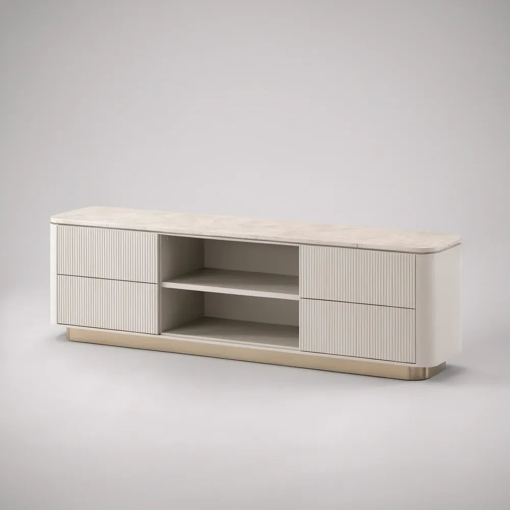 Szafka RTV 180 x 40 x 50 cm z MDF, biała z jasnoszarym marmurowym blatem i złotymi detalami