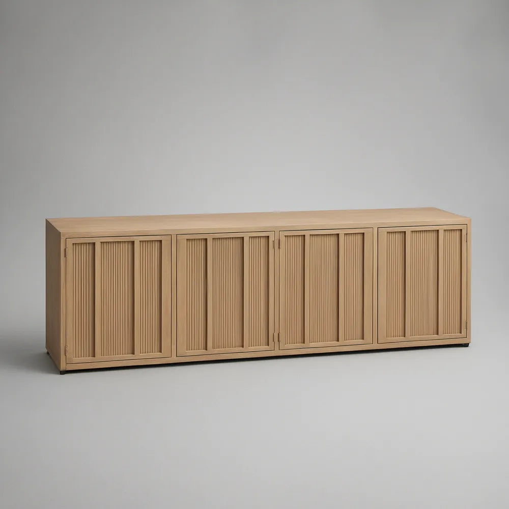 Szafka RTV 200 x 40 x 75 cm z MDF w okleinie jasnego dębu, 4 ryflowane drzwi