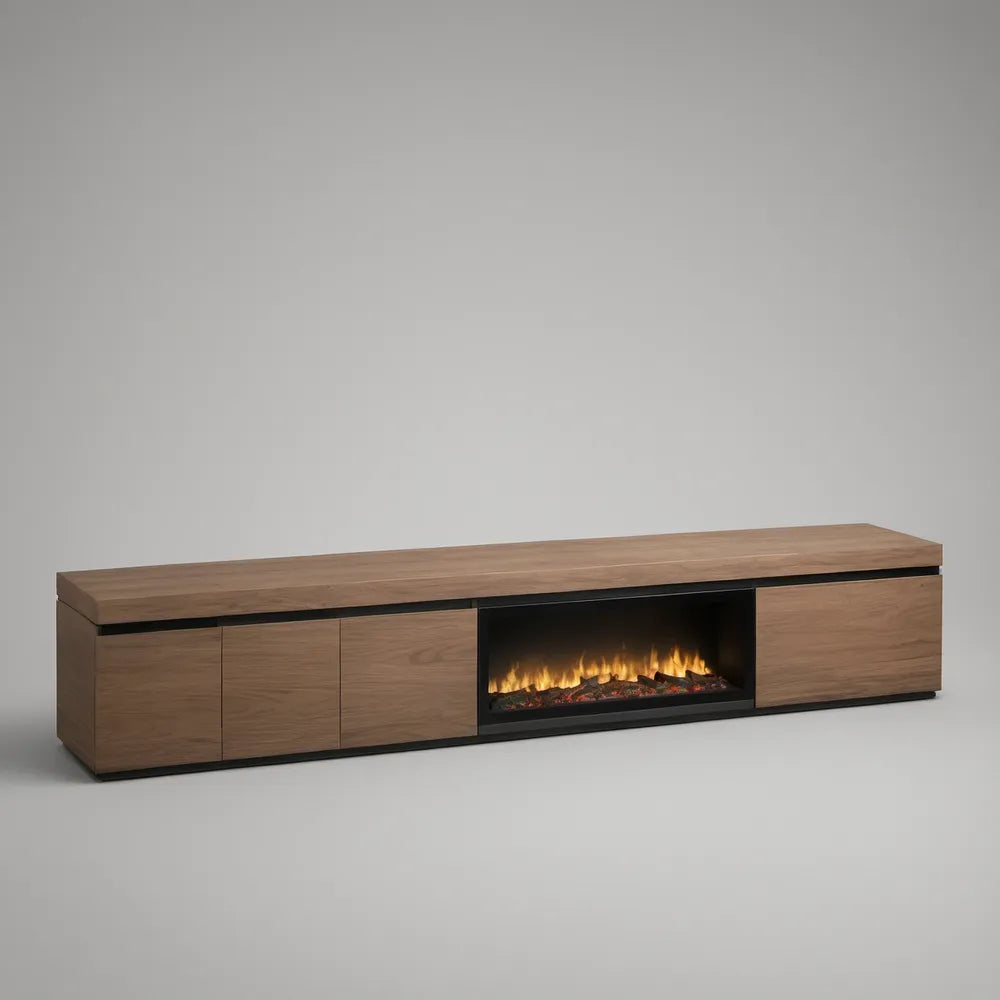 Szafka RTV z elektrycznym kominkiem 200 x 40 x 55 cm, orzechowa/czarna