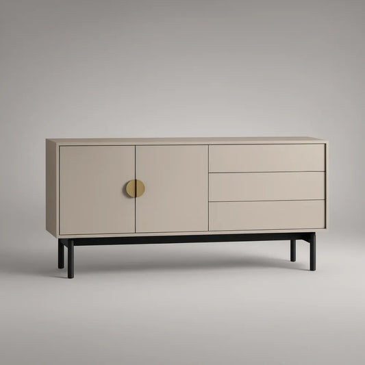 Beżowa szafka RTV z MDF 160 x 40 x 75 cm, 2 drzwi i 3 szuflady