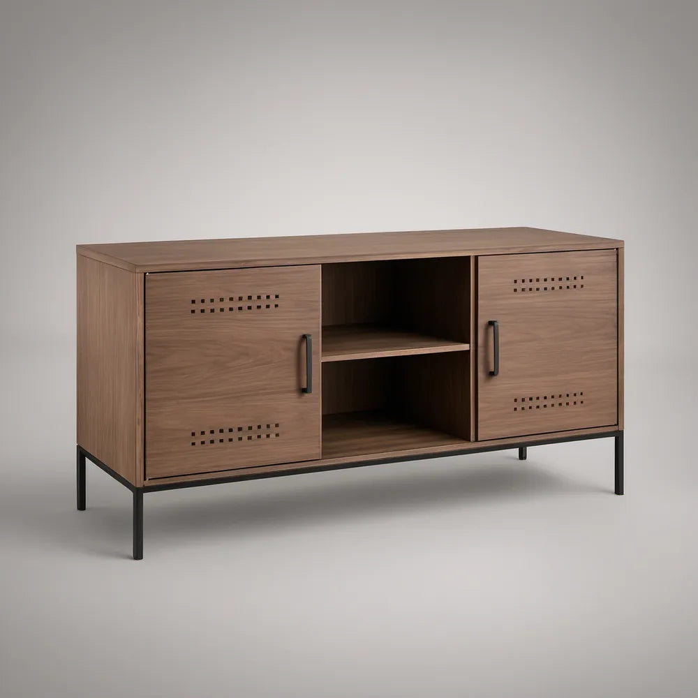 Szafka RTV 140 × 40 × 60 cm w kolorze orzechowym z czarnymi stalowymi nogami