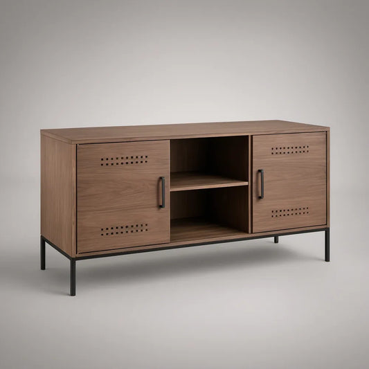 Szafka RTV 140 × 40 × 60 cm w kolorze orzechowym z czarnymi stalowymi nogami