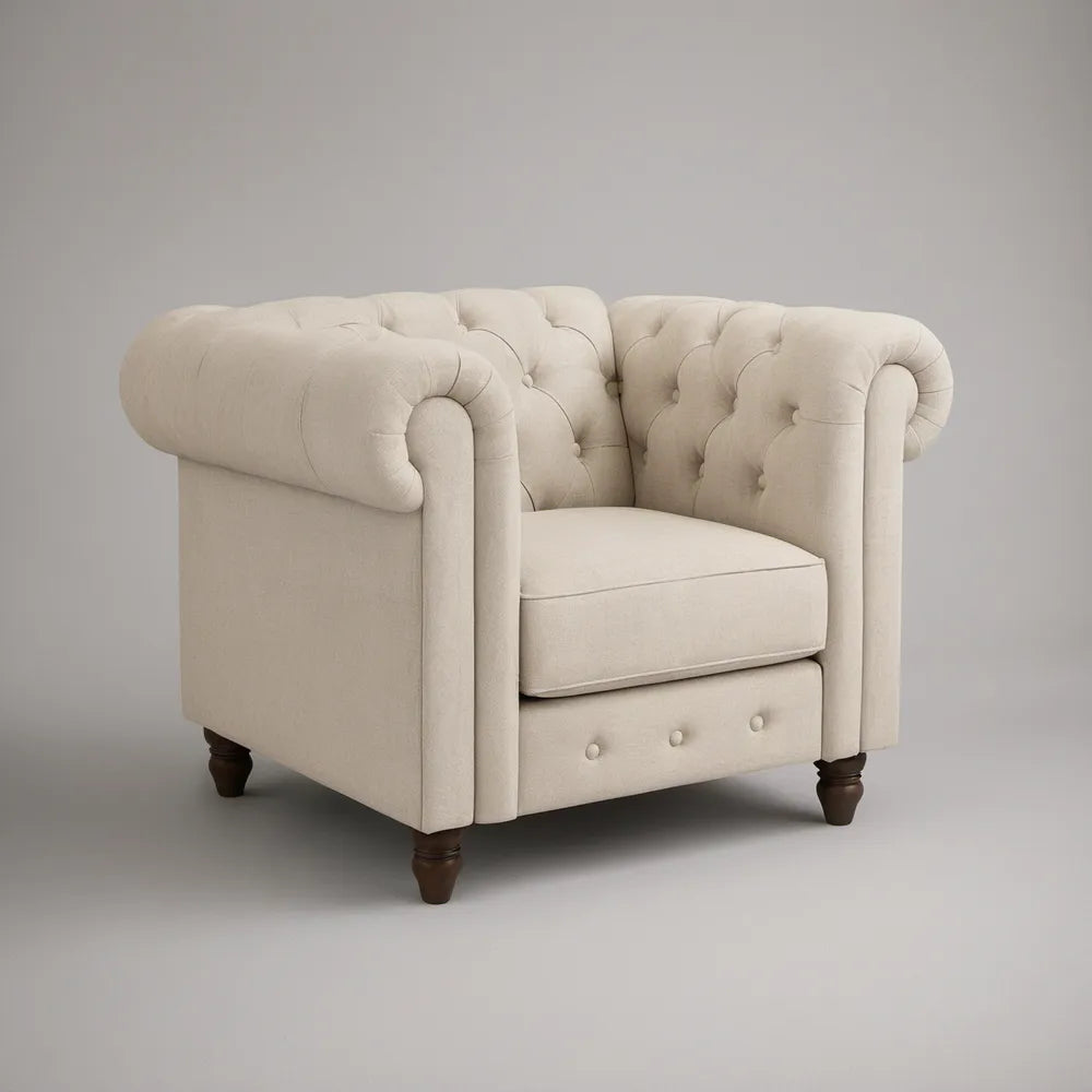 Kremowy fotel Chesterfield pikowany z tapicerką poliestrową, 105 x 90 x 76 cm