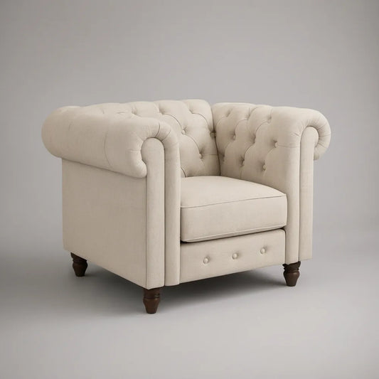 Kremowy fotel Chesterfield pikowany z tapicerką poliestrową, 105 x 90 x 76 cm