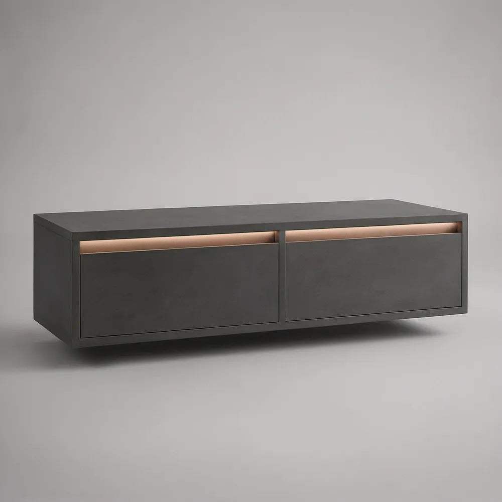 Wisząca szafka RTV z MDF 160 × 40 × 45 cm, czarna matowa z miedzianym oświetleniem LED