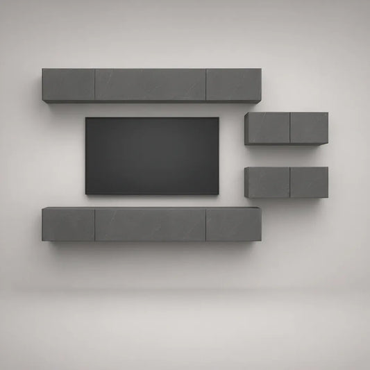 Zestaw 4 wiszących szafek RTV z MDF, grafitowy marmur, 2 × 180 × 30 × 32 cm i 2 × 70 × 30 × 32 cm