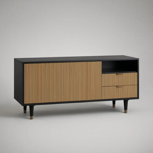 Szafka RTV 160 × 40 × 75 cm z płyty MDF czarna w kolorze naturalnego dębu ze złotymi detalami
