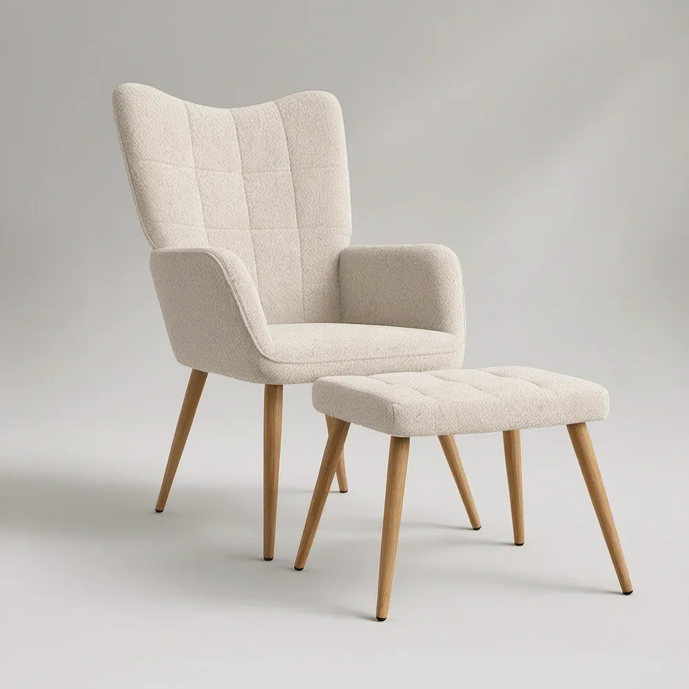 Fotel uszak z podnóżkiem 72 × 78 × 105 cm, kremowe bouclé, nogi z litego drewna bukowego