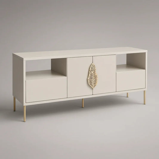 Szafka RTV z płyty MDF 140 x 40 x 70 cm biała ze złotymi nogami