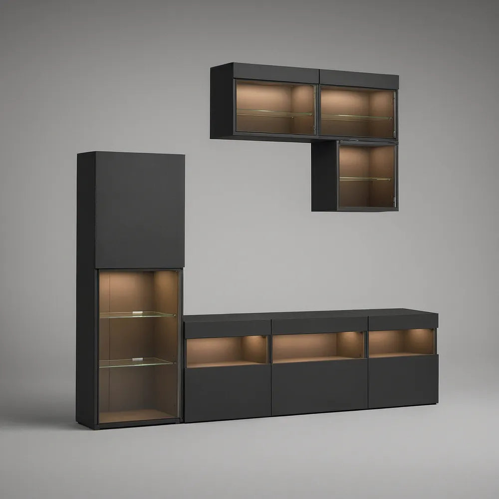 Modułowy zestaw do salonu 240 × 40 × 205 cm z laminowanej płyty MDF i szkła hartowanego, czarny/przydymiony