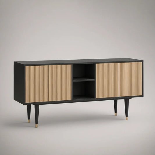 Szafka RTV 160 × 40 × 75 cm z płyty MDF, czarna z frontami w kolorze naturalnego dębu