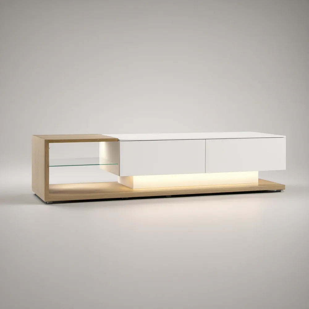 Minimalistyczny model biały/jasny dąb z oświetleniem LED, 180 × 40 × 45 cm