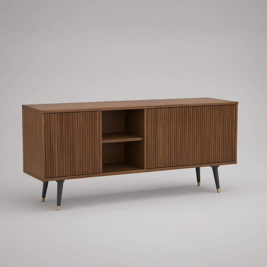 Szafka RTV 160 x 40 x 68 cm z MDF w okleinie orzechowej, brązowa z czarnymi nogami i złotymi zakończeniami