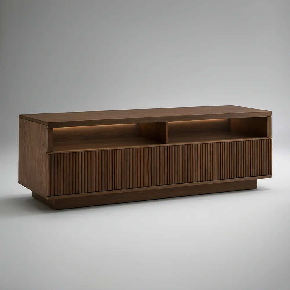Szafka RTV z ryflowanymi frontami, 180 x 40 x 55 cm, MDF w okleinie orzechowej, ciemnobrązowa